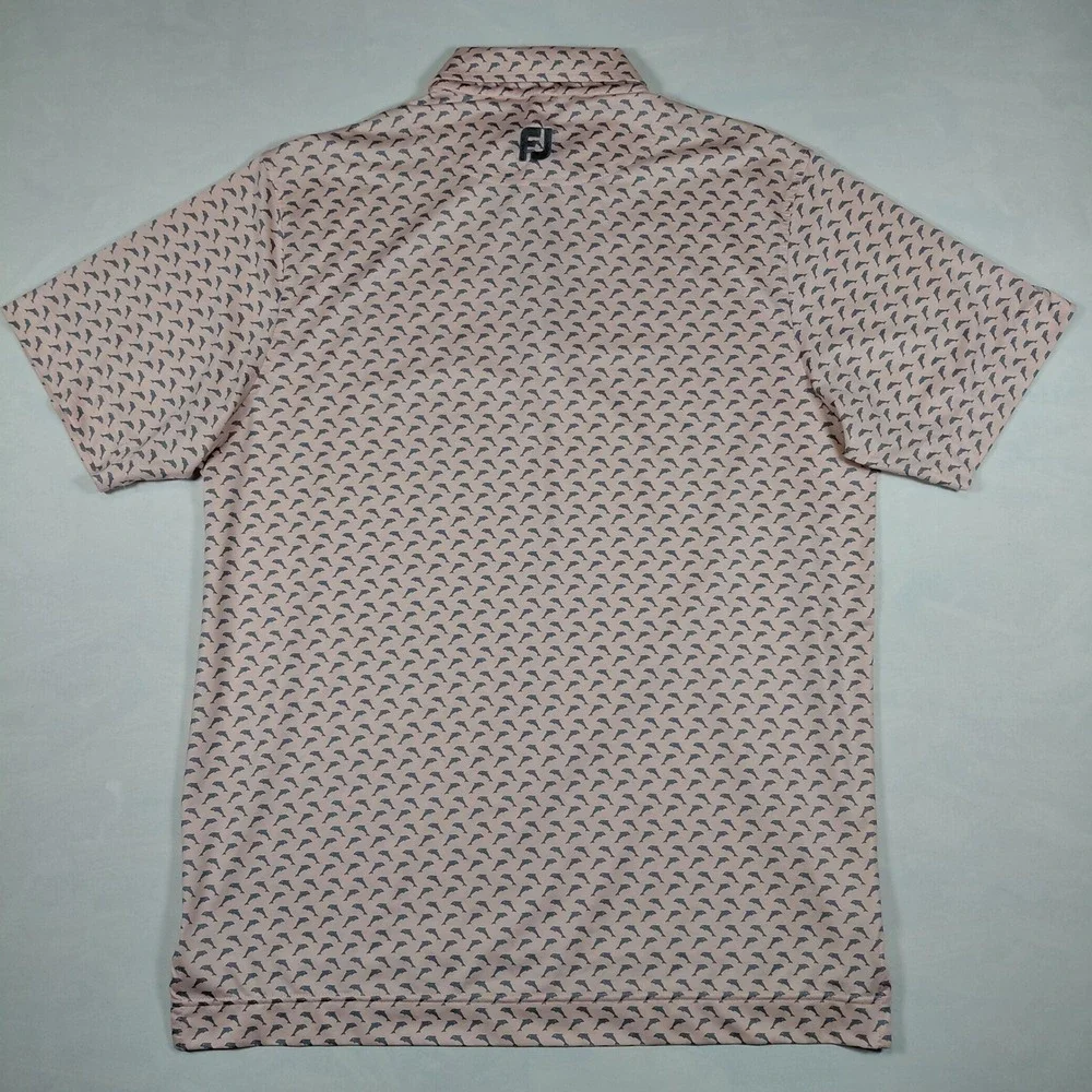 Footjoy FJ Mens Golf Polo Shirt M Pink Dolphin Print Short Sleeve Collared